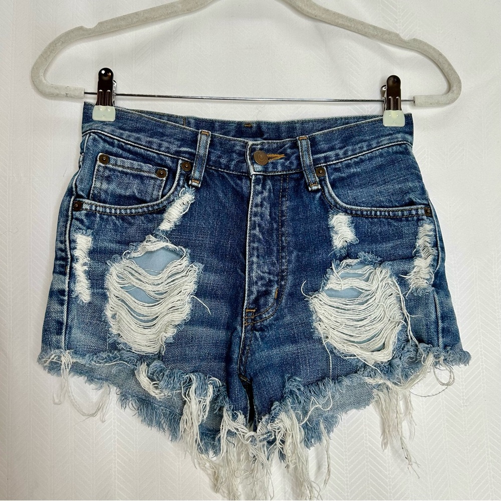 Edwin Distressed Blue Denim Jean Shorts